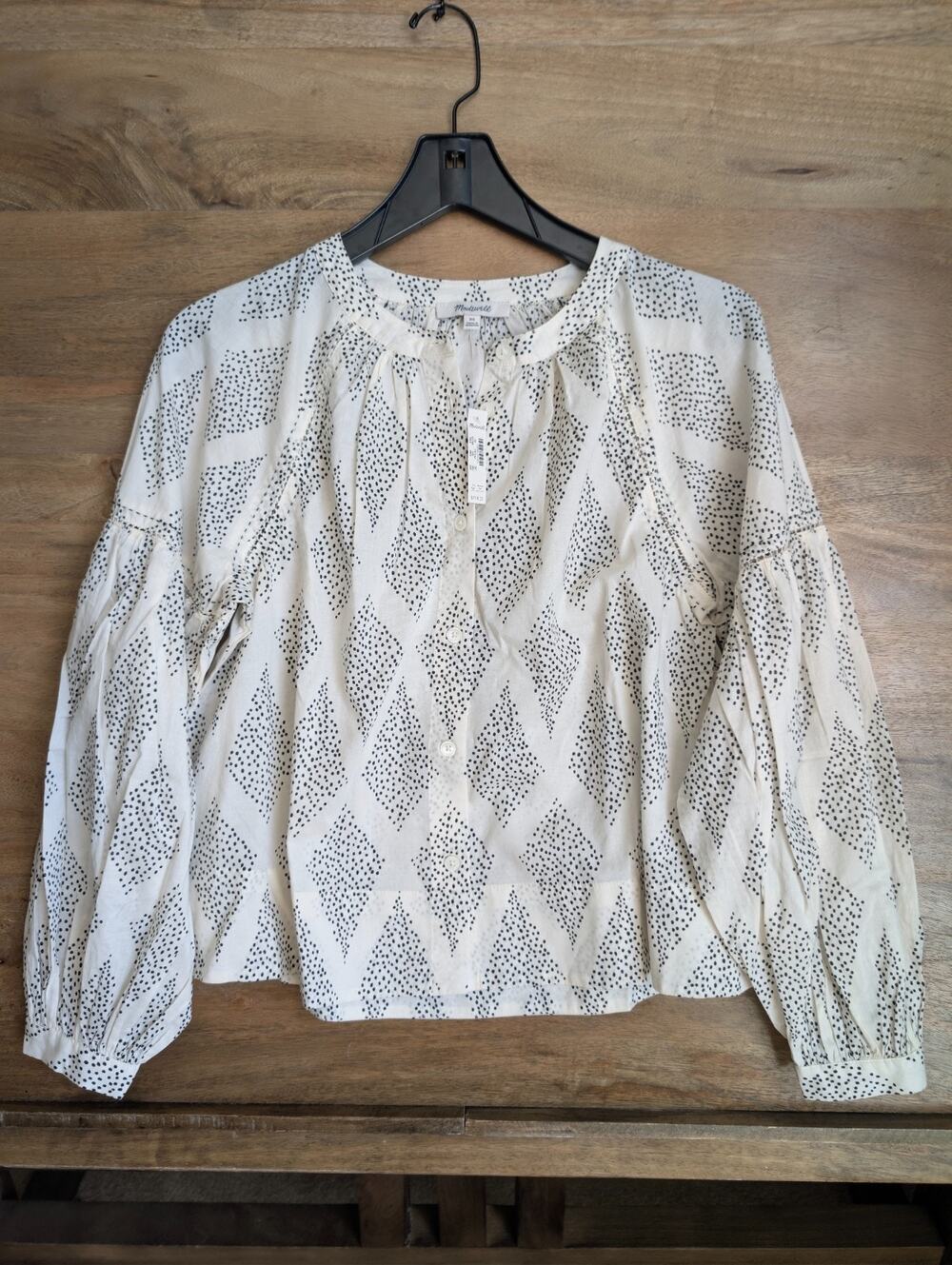 NWT Madewell Shirred Blouse Top Womens XS White Black Polka Dot Balloon Sleeve